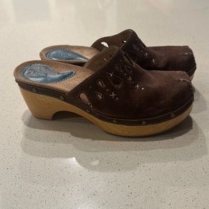 Clarks, indigo, suede clogs